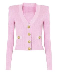 Pink Gold Button Cardigan Fitted V-neck Sweater With Button Closure, Luxury Fitted Pink Cardigan, Elegant Pink V-neck Cardigan, Luxury Pink Cardigan With Buttons, Classic Pink V-neck Cardigan, Pink V-neck Acrylic Cardigan, V Neck Cardigan, Gold Buttons, Blazer Buttons