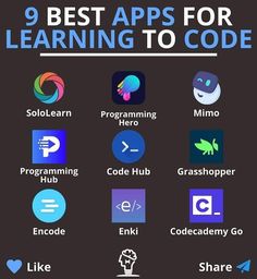 the 9 best apps for learning to code with text overlaying it and icons