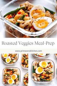 roasted veggies meal prepped in plastic containers with hard boiled eggs and green beans