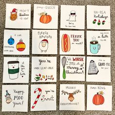 six handmade christmas cards with words on them and pictures of hotdogs, pumpkins, ketchup, milkshake, ice cream, candy, muffin