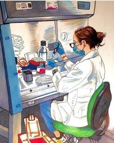 a woman in white lab coat sitting at desk with microscope and other medical supplies on it