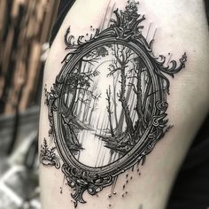 Magic Tattoo Master Files Building A Sleeve Tattoo Woman, Fairytale Style Tattoo, Black And Grey Book Tattoo, Woman In Mirror Tattoo, Dark Mirror Tattoo, Moon Garden Tattoo, Center Piece Tattoo, Black Magic Tattoo Ideas, Wrought Iron Tattoo