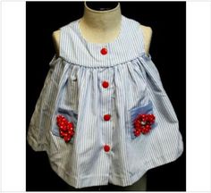 "Sleeveless jumper dress style Blue and white striped with red buttons down front 2 small pockets on front Red polka dot flowers on pockets RN look up showed E & E SHUWALL CO INC that appears to no longer exist Size 18 months Approx measurements: Armpit to pit: 13\" (33 cm) Total length: 15\" (38 cm)" Cute Sleeveless Dress With Button Closure, Cute Sleeveless Dress With Pockets, Playful Summer Dresses With Pockets, Cute Sleeveless Buttoned Dress, Striped Cotton Dresses With Pockets, Summer Bib Front Dress With Pockets, Embroidered Sleeveless Cotton Denim Dress, Blue Cotton Dress With Embroidered Border, Vintage Striped Sleeveless Dress