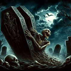 a skeleton sitting on top of a grave in front of a full moon filled sky