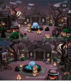 an animated halloween scene with pumpkins, cats and other items in the yard at night