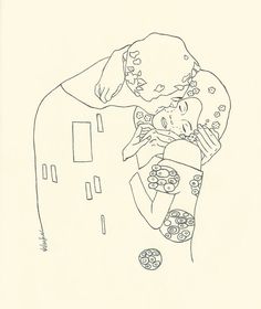 a black and white drawing of a woman hugging a man's head with buttons all over his body