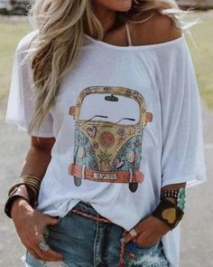 Plus Size Bus Printed Casual Summer Women Holiday Blouse, White-US10 Valentino 2017, Holiday Blouses, Winter Mode, Nice Shorts, Vw Bus, Printed Sleeves, Outfit Idea, Primavera Estate, Round Collar