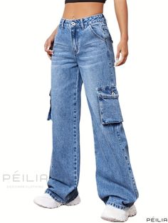 Peilia - Modern Womens Denim Jeans - Blue Loose Fit Straight Leg Pants with Flap Pockets in Boyfriend Style, Inspired by Y2K & Kpop Fashion Trends Blue Utility Cotton Flare Jeans, Blue Cotton Utility Flare Jeans, Blue Baggy Flare Jeans With Pockets, Blue Flare Jeans With Pockets For Streetwear, Trendy Blue Jeans With Pockets, High Rise Blue Flare Jeans With Pockets, Blue High Rise Flare Jeans With Pockets, Trendy Medium Wash Flare Jeans With Side Pockets, Blue Denim Flare Jeans With Multiple Pockets