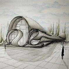 an artistic drawing of a building in the middle of a park with people walking around it