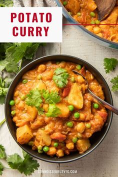 a bowl filled with potato curry and peas