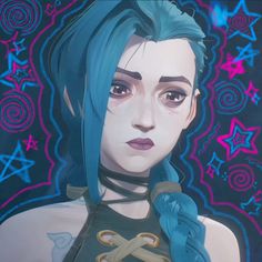 a painting of a woman with blue hair and piercings on her chest, in front of stars