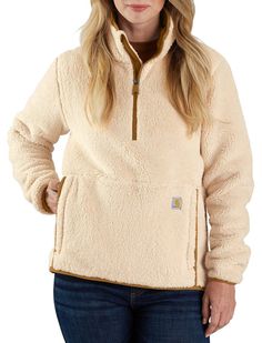 Fit and Design: Soft, comfortable fabric Secure zipper pcket Elastic arm cuffs Additional Details: Machine wash Womens Carhartt Jacket, Sherpa Half Zip, Womens Athletic Outfits, Womens Sherpa, Arm Cuffs, Carhartt Womens, Fleece Quarter Zip, Carhartt Women, Carhartt Jacket