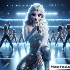 an animated image of a woman singing into a microphone with other dancers in the background