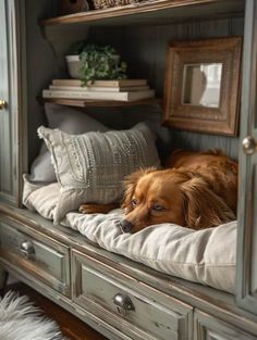 a brown dog laying on top of a bed next to a wooden dresser with drawers