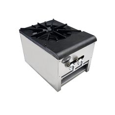 a silver and black stove top oven on a white background