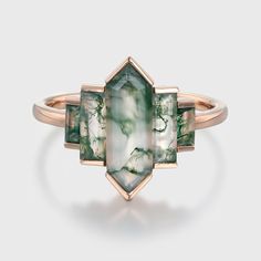 Hexagon Moss Agate Engagement Ring Cluster Baguette Ring 14k Rose Gold Engagement Ring Cluster, Radiant Cut Rings, Dope Jewelry Accessories, Moss Agate Engagement Ring, Ring Cluster, Agate Engagement Ring, Moss Agate Ring, Baguette Ring, Fantasy Wedding