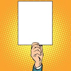 a hand holding up a white sign in front of a yellow background with halftone dots