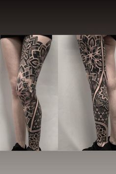 the legs and ankles of a woman with tattoos on her body are shown in black and grey