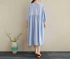 "Casual Big Size Linen Spring and Summer Long Dresses For Women/Soft Linen Dress ★Color:Blue ★Material:100% Linen ★Model Size: -- Model wear size M -- Model is 5'4\"/104lb -- Model measurements (bust 31\" / waist 28.3\" / hips 35\" ) ★ In order to make it more suitable for you. please tell me your body measurements : -- your Height -- your Weight -- your Bust circumference -- your Upper Arm circumference -- Phone number for shipping If you have some specific request or special character, such as Casual Loose Blue Dress, Blue Relaxed Fit Solid Color Dress, Blue Relaxed Fit Dress, Relaxed Fit Blue Dress, Oversized Blue Midi Dress, Blue Plain Dresses For Spring, Blue Plain Spring Dresses, Plain Blue Spring Dresses, Light Blue Long Sleeve Relaxed Fit Dress