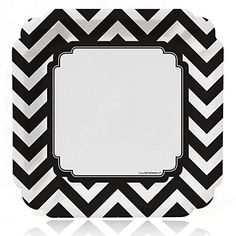 a red and white chevroned paper plate with a square frame on the front