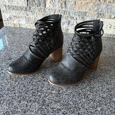 3 In Heel, Brand New!! Super Cute!! Smoke Free Home Casual Ankle-high Boots With Wrapped Heel, Casual Ankle Boots With Wrapped Heel, Casual Lace-up Heels With Wrapped Heel, Casual Lace-up Heels With Stacked Heel, Mom Dresses, Snakeskin Ankle Boots, Ankle Cowboy Boots, Gray Boots, Brown Leather Heels