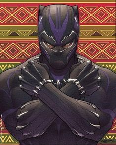 a black panther standing with his arms crossed in front of an orange and yellow background