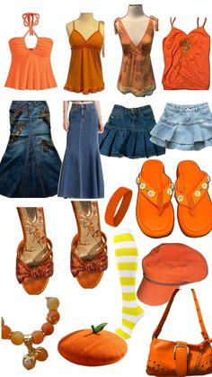 an assortment of clothing and accessories including shoes, sandals, purses and handbags