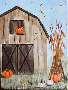 an acrylic painting of a barn with pumpkins and cornstatches