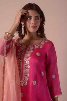 Magenta pink kurta with zari thread, gota patti embroidery. Paired with sharara and contrast peach dupatta. - Aza Fashions Pink Palazzo Set With Dori Work, Bollywood Pink Palazzo Set With Gota Work, Pink Gota Work Palazzo Set For Navratri, Pink Sharara With Dori Work, Transitional Anarkali Style Pink Sharara, Pink Palazzo Set For Diwali, Transitional Season Pink Salwar Kameez With Cutdana, Pink Palazzo Set With Gota Work For Festivals, Designer Wear Transitional Pink Palazzo Set