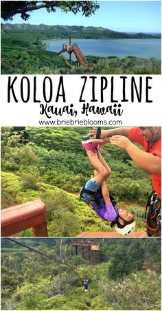 two pictures with the words koloa zipline and an image of people hanging out in