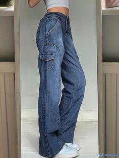 Orcajump - Blue High Waist Cargo Pants, Flap Pockets Loose Fit Vintage Style Wide Leg Denim Pants, Y2K Kpop Vintage Style, Women's Denim Jeans & Clothing Y2k Style Dark Wash Cotton Bottoms, Y2k Denim Blue Cargo Jeans, Y2k Denim Blue Full Length Cargo Jeans, Y2k Wide Leg Washed Blue Bottoms, Y2k Medium Wash Cotton Bottoms, Y2k Washed Blue Wide Leg Bottoms, Washed Blue Mid-rise Utility Jeans, Y2k Denim Cargo Pants Full Length, Y2k Washed Blue Bottoms With Pockets