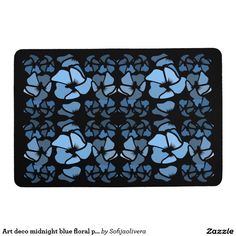 Floor mat. Art deco midnight blue floral print. Artsy floral print. Baby blue and deep blue stylized chubby black outlined flowers on the black backgroun, structered in elegant, striking pattern, inspired by dramatic and seductive 1920s style. Super fashionable and stylish print for modern divas. Perfectly balanced black and blue look misterious and classy. Ladylike yet daring, both modern and delightfully old-fashioned at the same time. 1920s Glam, Floral Gift Ideas, Garden At Night, Blue Art Deco, Art Deco Flower, Flower Shapes, Midnight Garden, Blue Floral Pattern, Ceramic Knobs