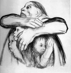 a black and white drawing of a woman holding a child's head with her hands