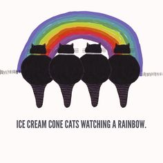 three cats sitting on top of ice cream cones in front of a rainbow colored background