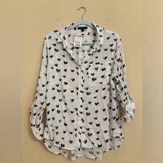 Black Hearts Button Down Shirt White Casual Blouse With Heart Print, White Heart Print Blouse For Summer, Summer White Blouse With Heart Print, Casual Heart Print Shirt For Spring, Black Hearts, Velvet Heart, Heart Top, Heart Button, Tops Black