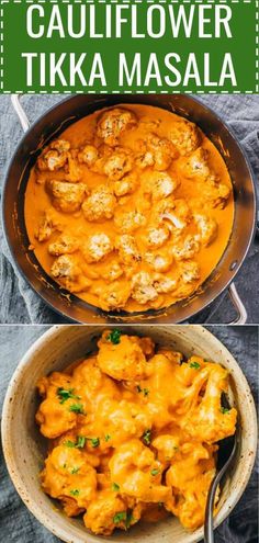 cauliflower tikka masala in a skillet with text overlay