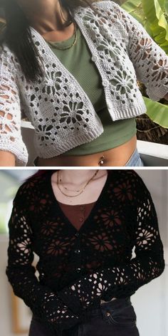 two pictures with different types of crochet on them, one in black and the other in white