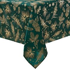 a green table cloth with gold snowflakes and pine cones on it is shown