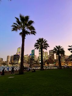 palm trees are in the foreground, and people walk on the other side of the water