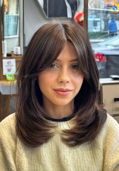 Shorter Hair Layers, Curtain Bangs Off Center Part, Straight One Length Hair, Curtain Bang Medium Haircut, Curtain Long Bangs, Mid Length Hair With Layers Curtain Bang, Haircut For Growing Out Hair, Eye Length Curtain Bangs, Long Bobs With Bangs