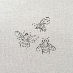 three bees on white paper with black ink