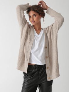 Our favorite slouchy cardigan in a luxuriously soft cashmere blend. The Everyday Cardigan features an oversized fit making it perfect for layering. You'll never want to take this one off. Fabric: 90% Wool, 10% Cashmere. Color-way: Oatmeal Heather. Model is 5'9" and wearing size small. Dry Clean Only. Fine Knit Outerwear For Fall Daywear, Neutral Cashmere Sweater For Fall, Versatile Everyday Cashmere Outerwear, Oversized Relaxed Fall Sweater, Oversized Neutral Sweater For Layering, Oversized Relaxed Sweater For Fall, Casual Beige Cashmere Sweater Coat, Neutral Soft Knit Cardigan For Fall, Fall Soft Knit Neutral Cardigan