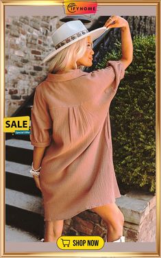 Brown Crinkle Textured Joint Bubble Sleeve Shirt Dress Casual Solid Wrinkled Dress, Casual Wrinkled Dress, Solid Wrinkled Dress For Spring, Spring Solid Wrinkled Dress, Casual Crinkle Texture Vacation Dress, Casual Flowy Dress With Crinkle Texture, Spring Solid Color Wrinkled Dress, Casual Crinkle Texture Dress For Daywear, Short Sleeve Crinkle Texture Beach Dress