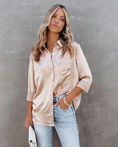 Impulse Satin Button Down Blouse - Champagne – Oshnow Satin Button Down Shirt, Comfy Blouse, Shirt With Pocket, Satin Shirt, Satin Blouse, Button Down Blouse, Collar Blouse, Belleza Natural, White Satin