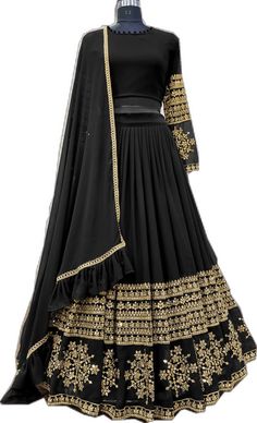 Black Sharara For Reception During Navratri, Black Choli With Intricate Embroidery In Georgette, Black Anarkali Sharara For Reception, Black Sharara With Intricate Embroidery For Reception, Floor-length Black Sharara For Reception, Black Sharara With Intricate Embroidery For Navratri, Black Bollywood Choli With Intricate Embroidery, Black Sharara With Resham Embroidery For Reception, Black Dupatta With Intricate Embroidery For Navratri