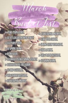 the march bucket list is shown in purple and white flowers on a branch with text overlay