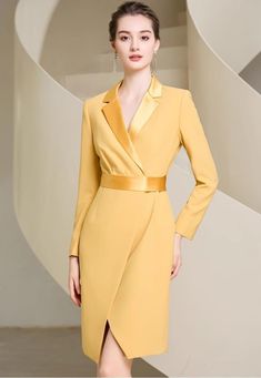 Be bold in this unique Mustard Yellow Faux Wrap Dress! This eye-catching work dress gives you a fashionable tuxedo look that stands out while keeping it professional. The belted dress highlights a fitted silhouette for an effortless and modern look. Dare to be different! Knee length dress POLYESTER 92.7% SPANDEX 7.3% LINING: POLYESTER 100% Brand - Aision Model Number - 233024Q1 Luxury Yellow Midi Dress For Work, Affordable Yellow Work Dresses, Luxury Mustard Dresses For Women, Luxury Mustard Color Women's Dresses, Luxury Mustard Dress For Women, Mustard Yellow Office, Yellow Office, It Professional, Rose Fashion