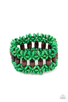 Green wooden discs and brown wooden beads are threaded along braided stretchy bands around the wrist, creating a colorful tropical display. Orange Order, Bali Beach, Happy Jewelry, Bali Beaches, Beach Retreat, Green Box, Wooden Bracelet, Wood Bracelet, Green Jewelry