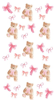 some pink bows and brown teddy bears on a white background with one bear holding a bow