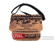 a bag that is made out of burlock and has the words basmati rice on it